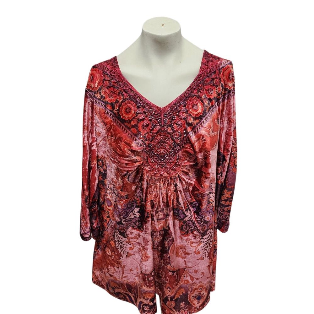 Energie Plus Size 3X Red Beaded Velvet‎ Tunic Top Boho Embellished